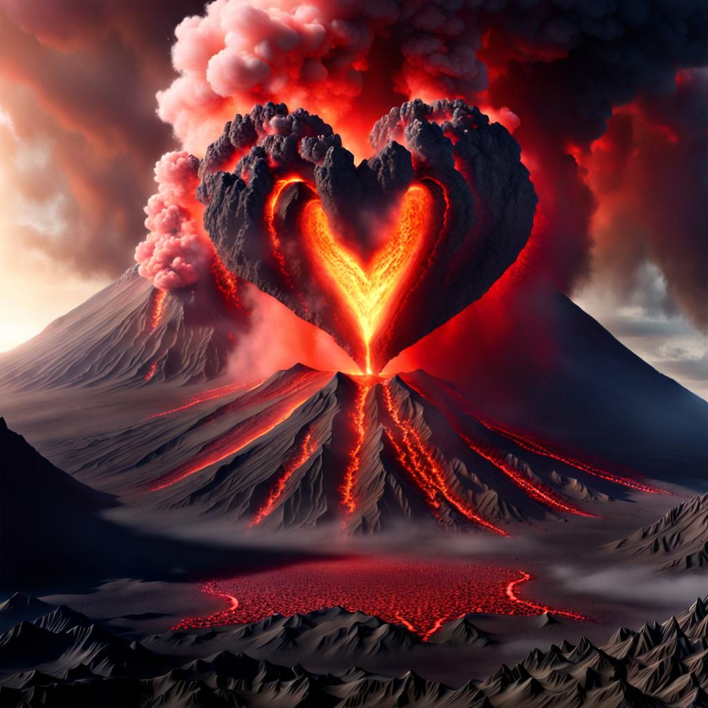 a huge volcanic eruption sends a (Valentine heart:1.5) to outer space ...