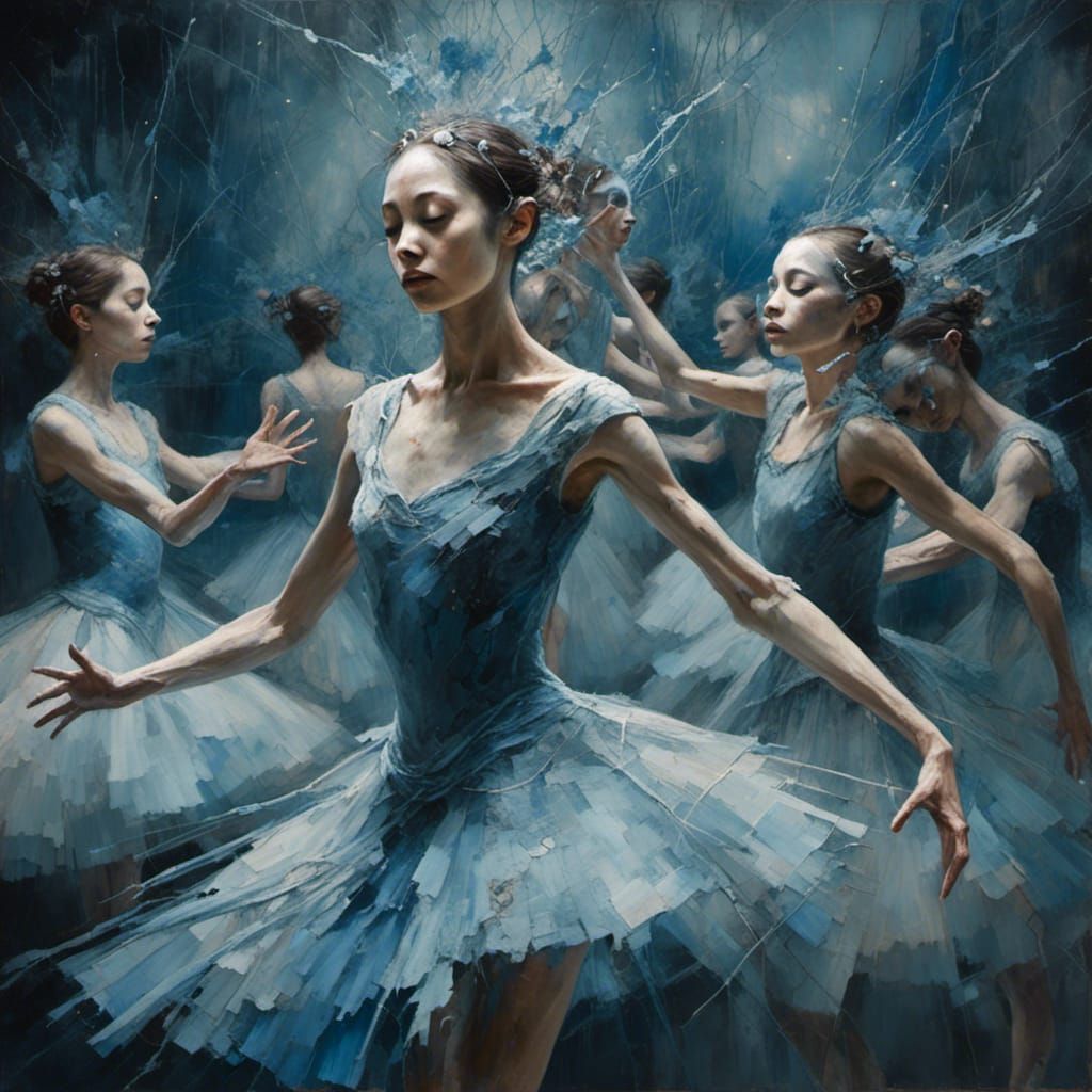 Blue faced alien Ballet with infinite mirrors, surreal, Alyssa Monks, naive art <lora:Dark:0.7>