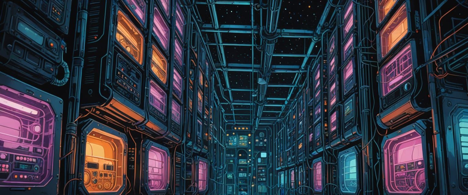 infragard, a large sci fi futuristic server farm, glowing white sci fi computer server racks, glowing colored lights, wires, mysterious, geo...