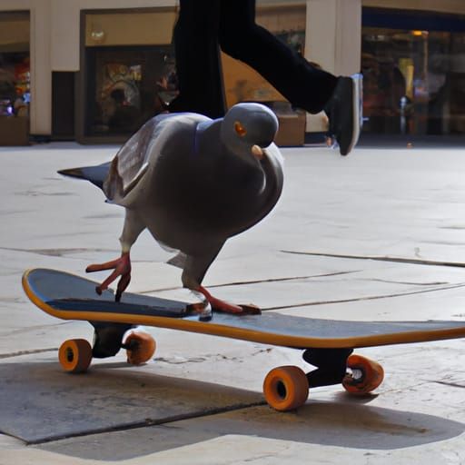 A pigeon riding a skateboard and terrorising pedestrians
