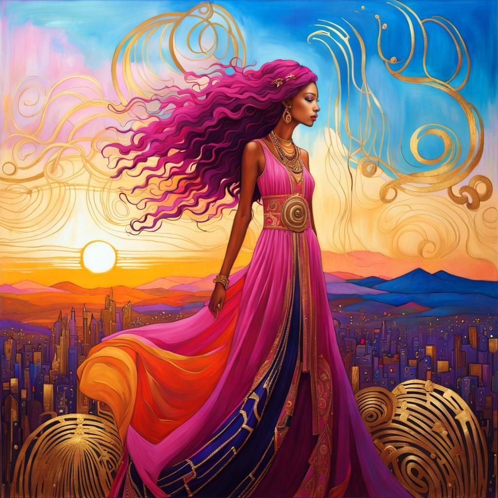 Violet-haired girl in a flowing pink dress with intricate go...