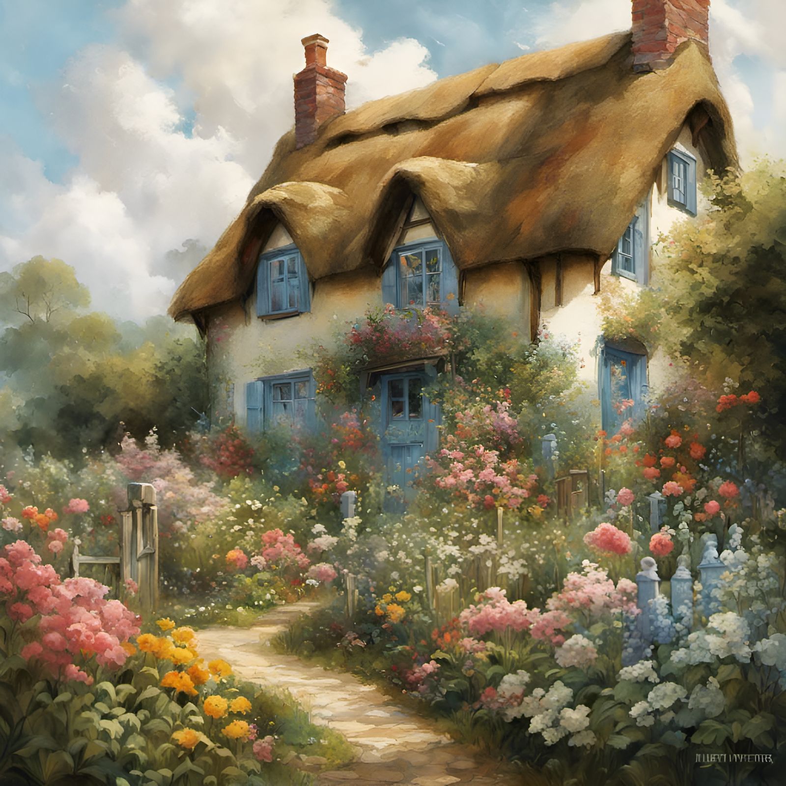 cottage with thatched roof and flower garden: - painterly quality, lush ...