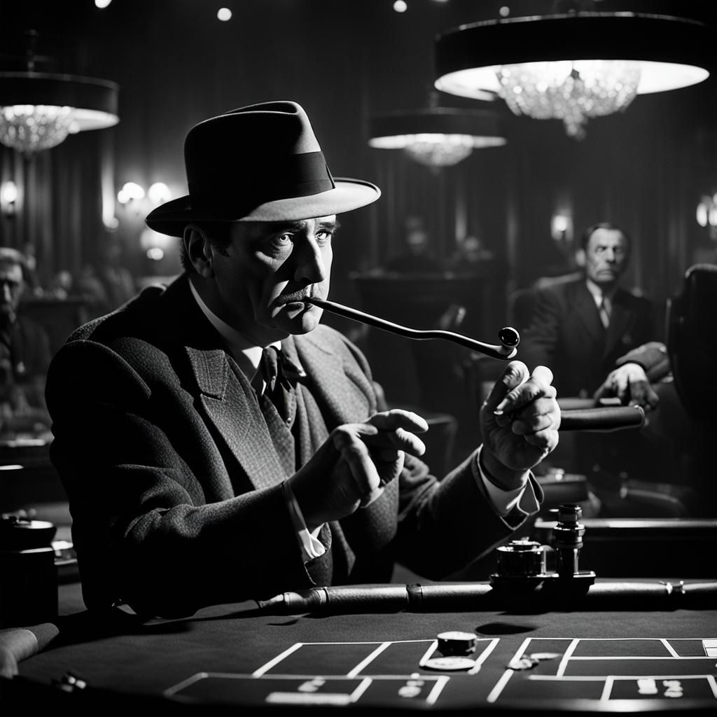 The great detective holding a pipe, casino scene, ultra realistic ...