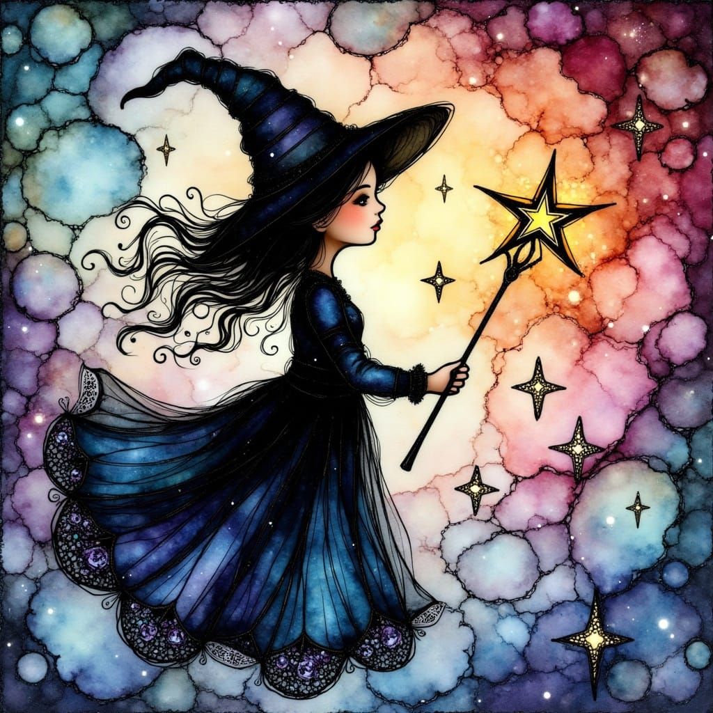 <lora:Alcohol Ink Splash:0.5> stained glass alcohol ink splash beautiful whimsical little witch catching a star Japanese ink wash 