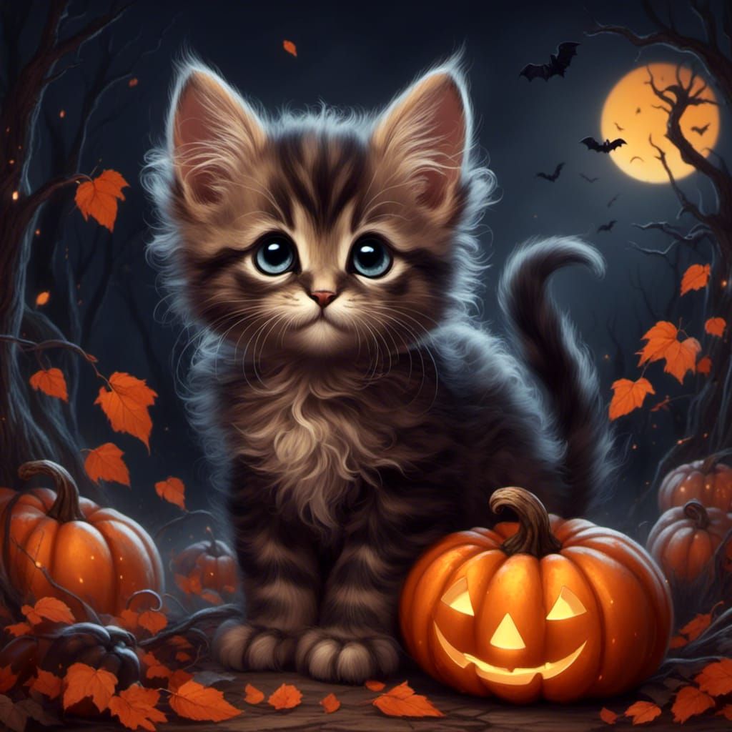 <lora:Cutie Pie Halloween:1.0> cute little kitten, digital painting, halloween