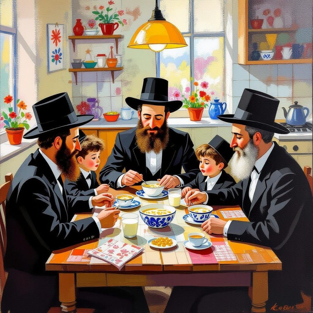 Ultra-Orthodox Family Breakfast in Naive Folk Art Style