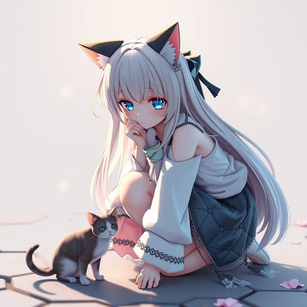 A girl with cat ears and long hair kneeling next to a small cat  by @Ceary