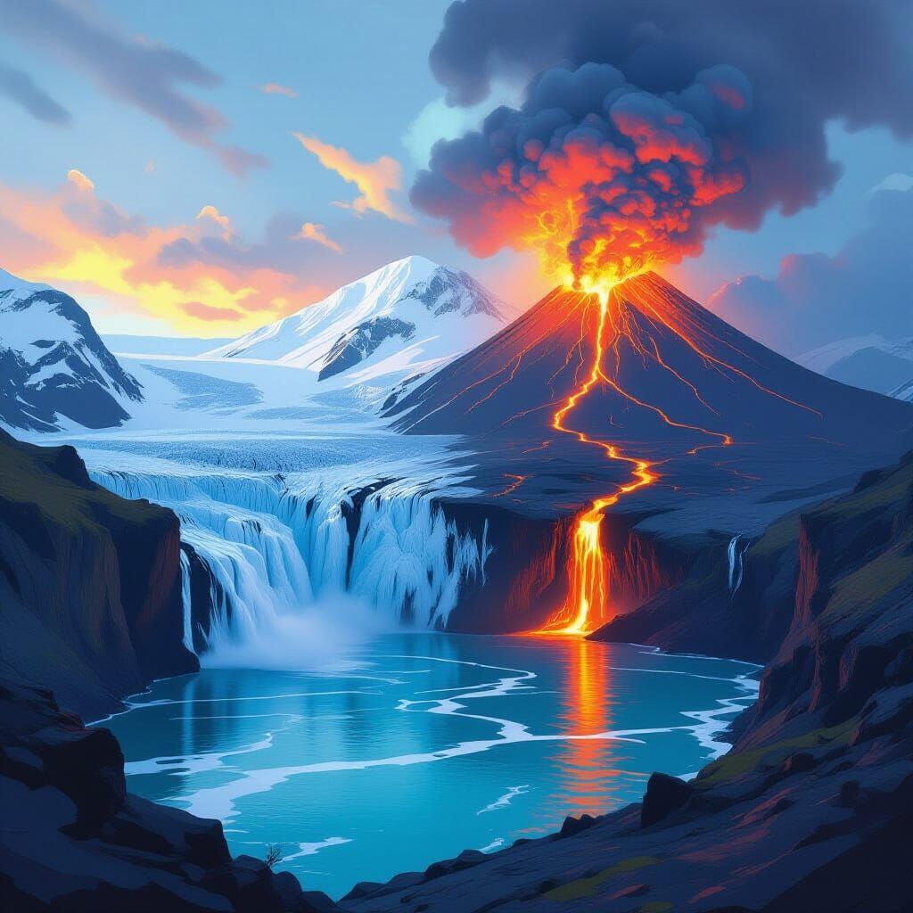 split screen half a glacier with water running fromit, another a volcano with lava flowing down the slope