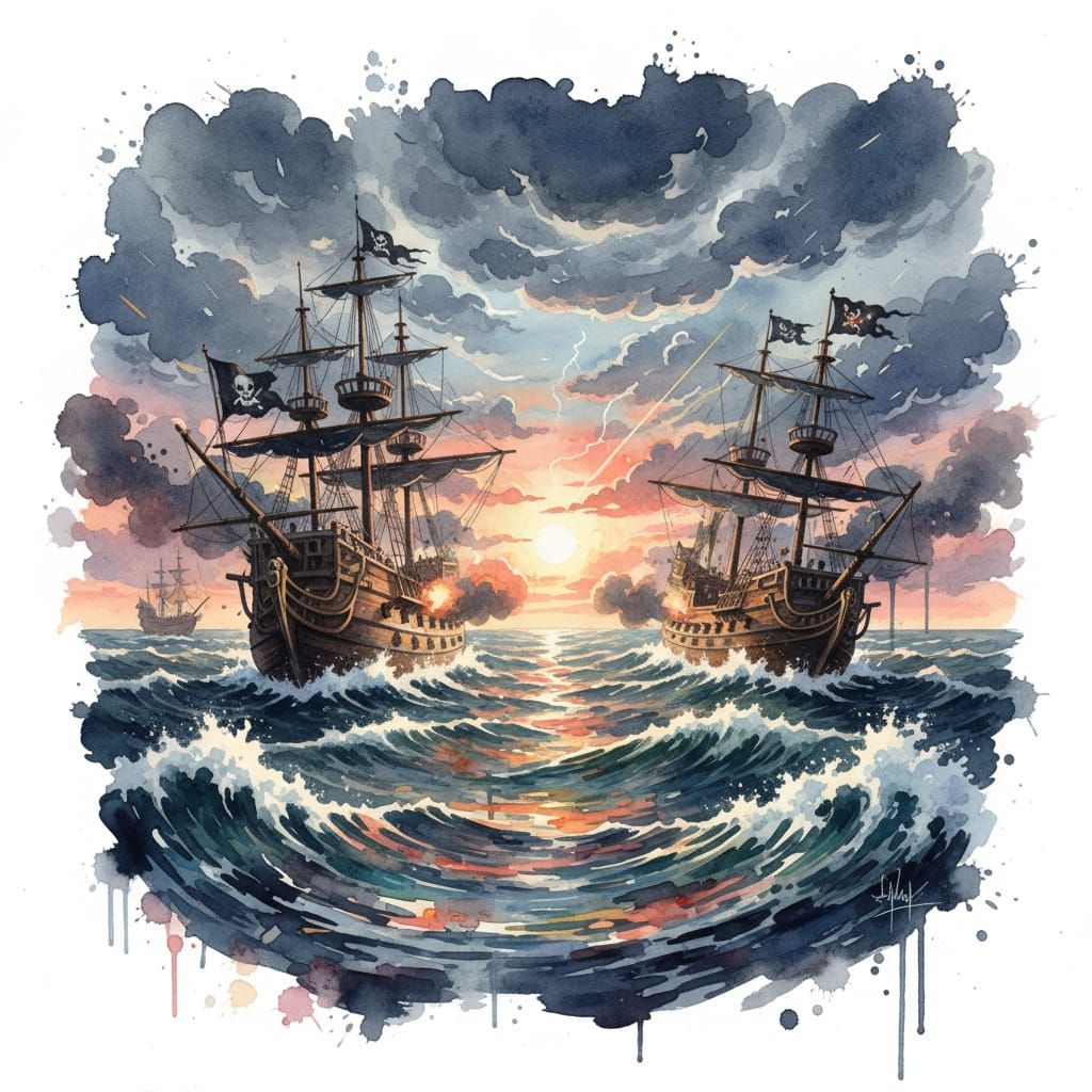 Pirate Ship Battle at Sunset in Stormy Seas