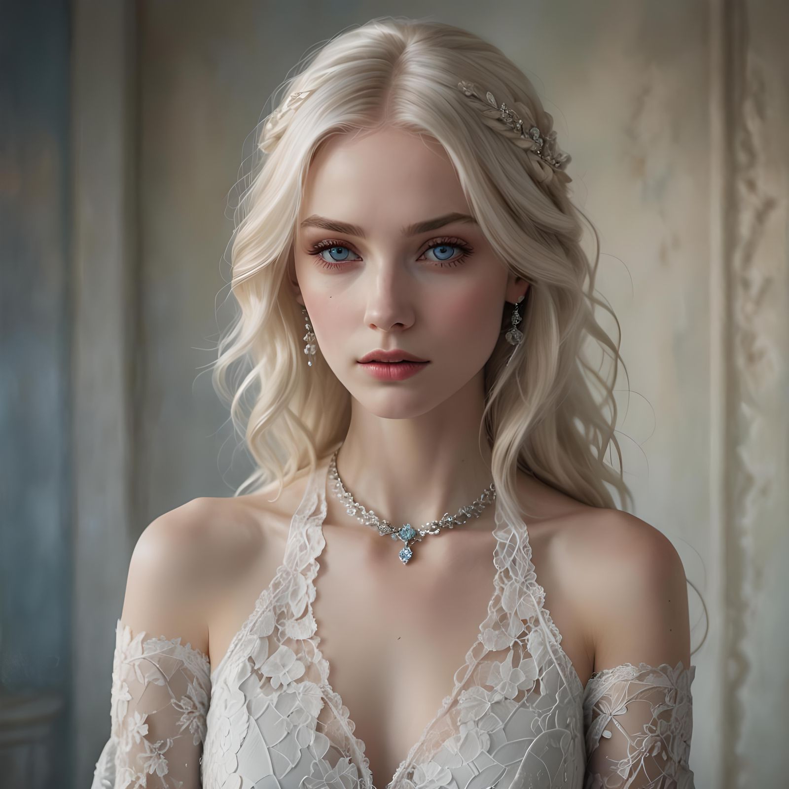 An ethereal young woman with platinum blonde hair and striki...