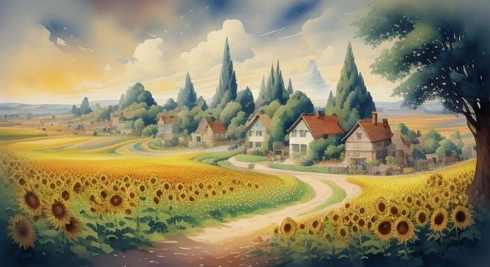 Dreamlike Countryside Scene in Watercolor Style