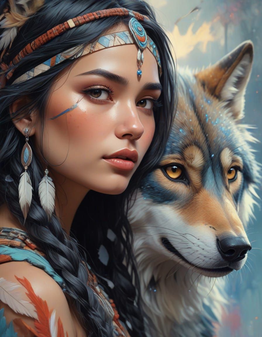 A beautiful Native American woman, a wolf by her side, soft focus, chibi, 2/3 face angle, gouache painting, ...  by @Robert 