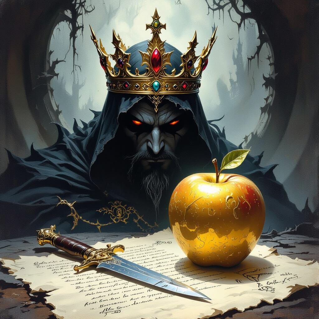 They want a cover design for a fantasy novel that is dark, scary, and mysterious. It should have a symbol of a royal crown, a pact, and a de...