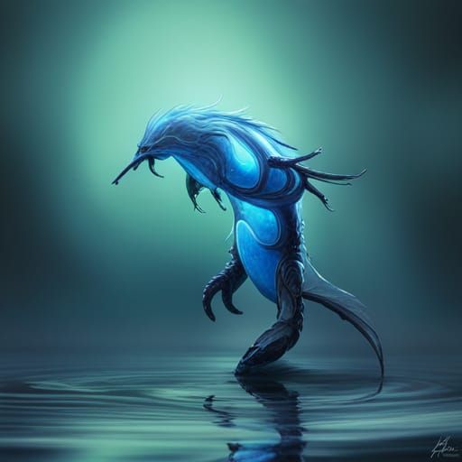 blue bioluminescent creature made of glass