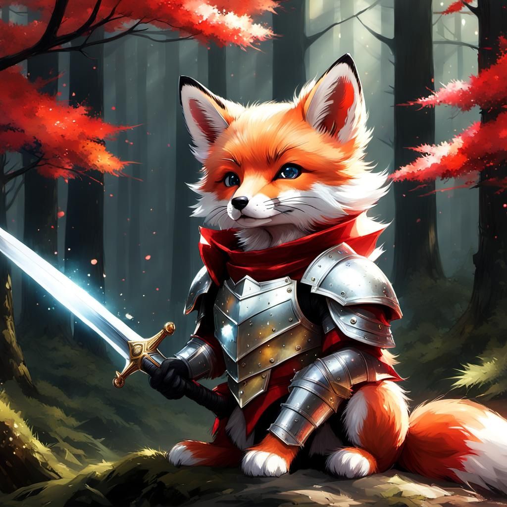 Red fox pup wearing armor and sitting behind a sword