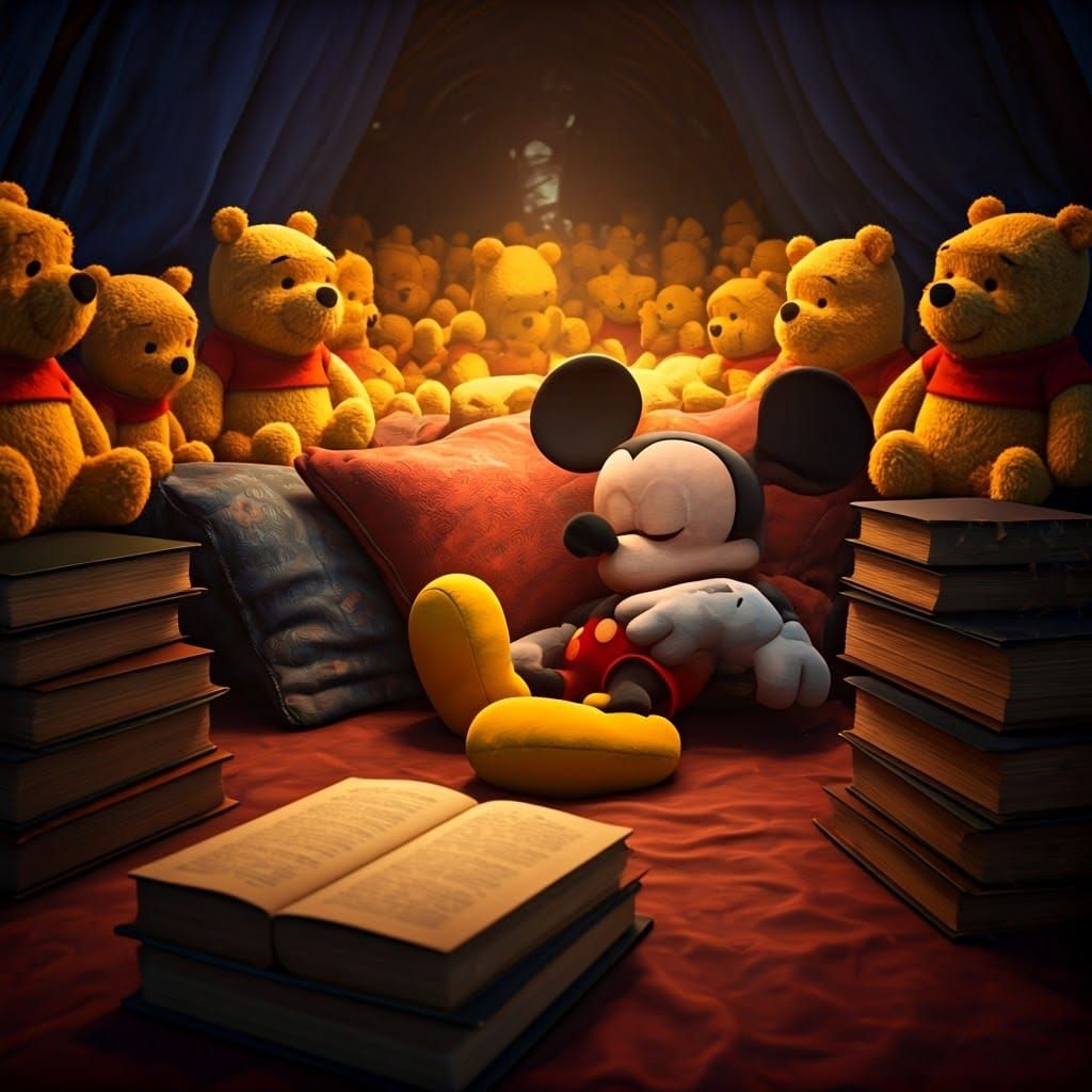 Whimsical Dreamscape: Mickey Mouse Surrounded by Winnie the...