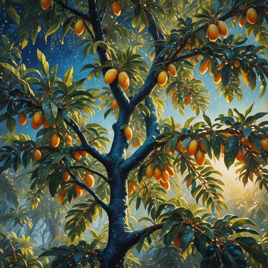 Vibrant Mango Tree in Warm Golden Light