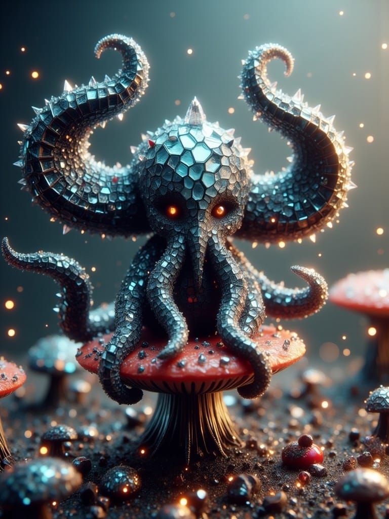 A cute adorable Cthulhu sitting on a mushroom <lora:Cracked glass Flux:1.0> 