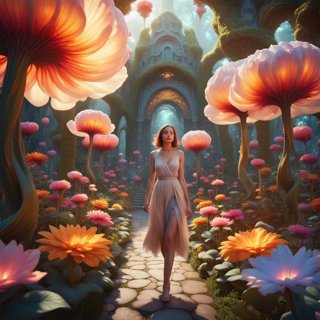 lovely woman walking in otherworldly garden of giant flowers , light, fairy tale, glowing multiple colors, ...  by @ArtDreamer Selma