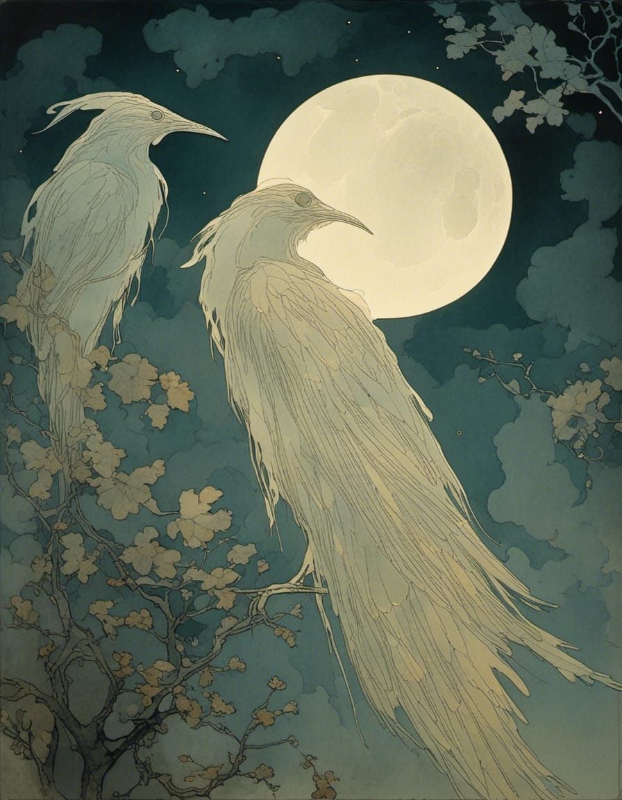 <lora:MoonNight:1.0> (translucent see-trough extremely-vaporous:1.8) double-exposure profile shot of a Gorgeous bird ghost. moonlit night....