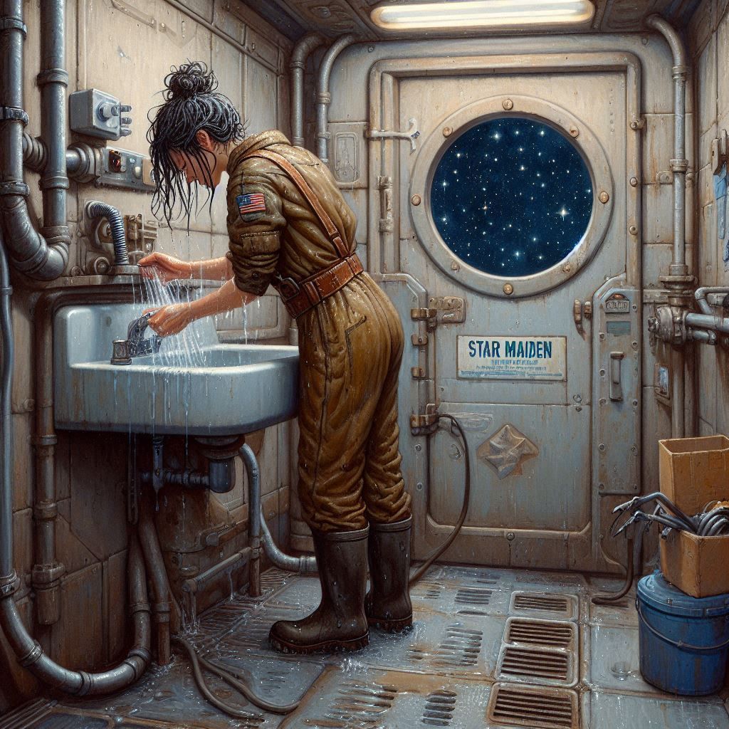 In the restroom of an old spacefreighter, a tired female worker is washing her hair (4)