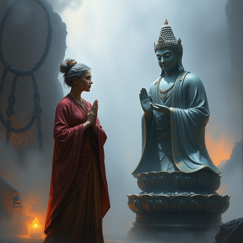 Mrs. Maya Asks About Karma: Neo-Impressionist Oil Painting