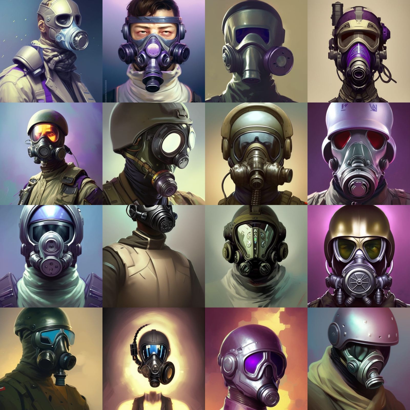 Cyber ​​soldier with gas mask and purple helmet.