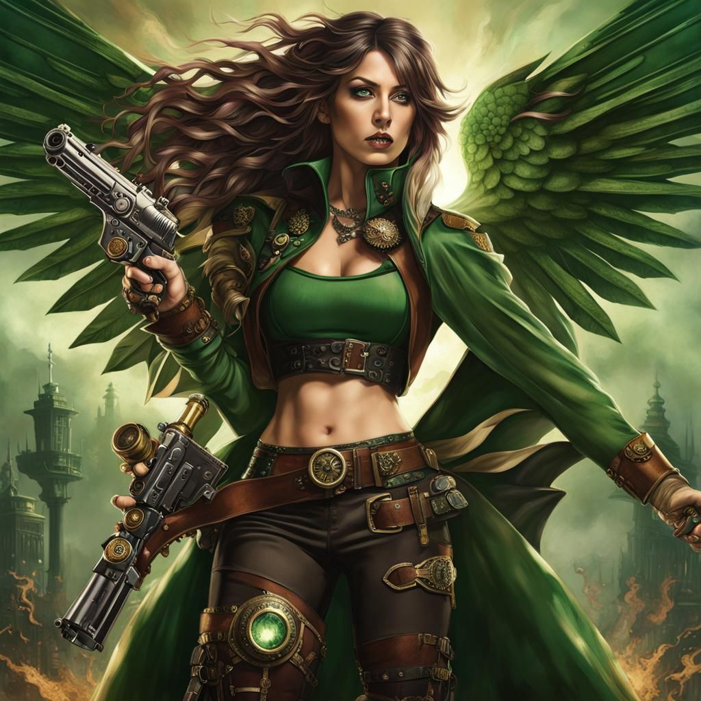 woman steampunk warrior avenger, green hair, long hair blowing in wind, brown and green steampunk style outfit, skinny, skinny thighs, flat...