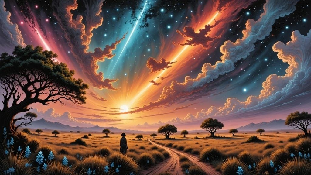 Sunset over savannah <lora:Caffeinated Skies:1.0> gouache detailed painting, perfect, smooth, comic book art, dust, gas, Nebula