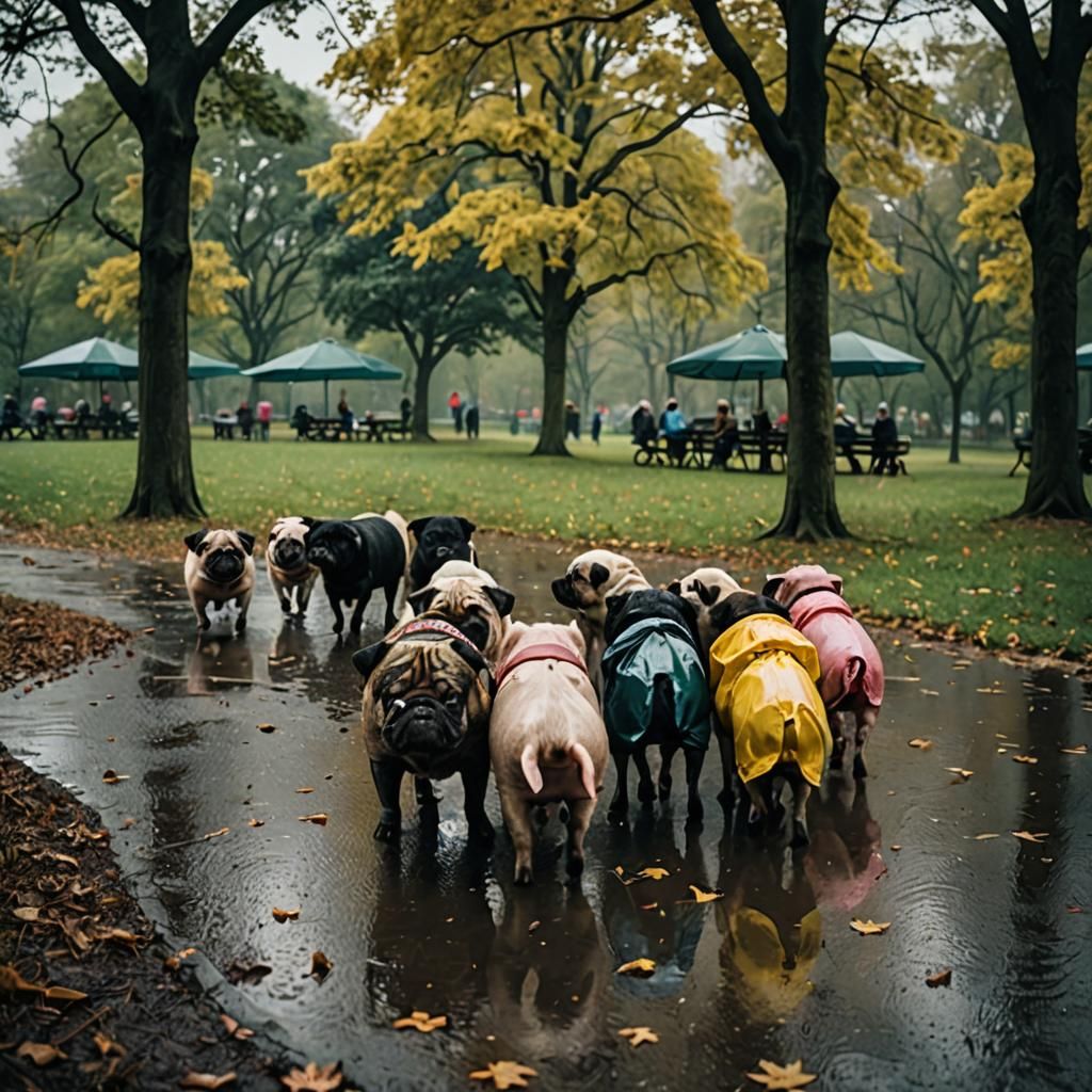 Pigs and pugs playing in a park. The weather is wet and rainy ...