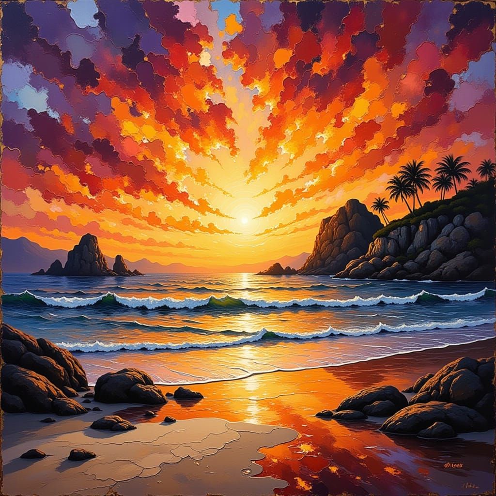 Impasto Oil Painting of a Spectacular Beach Sunset