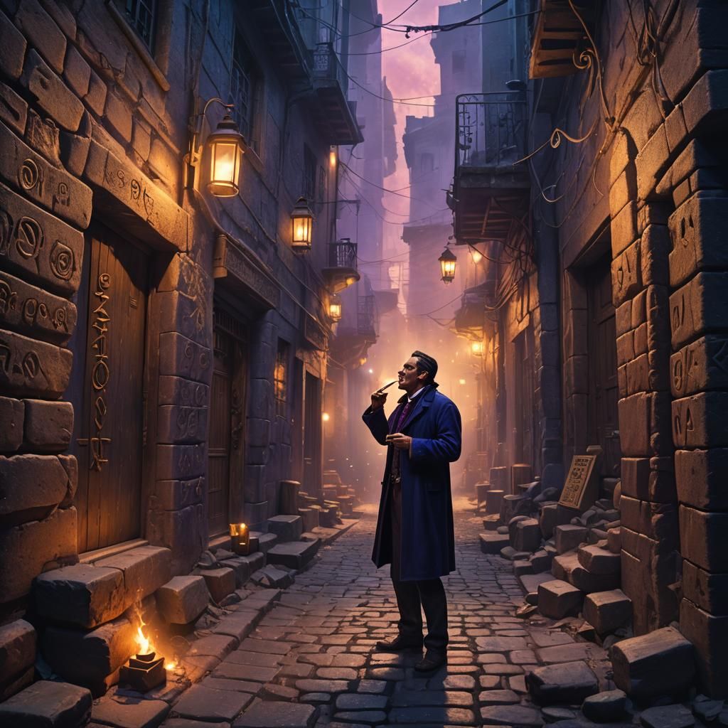 Mystical Alley: Man Smoking Cigar in Fantasy Art
