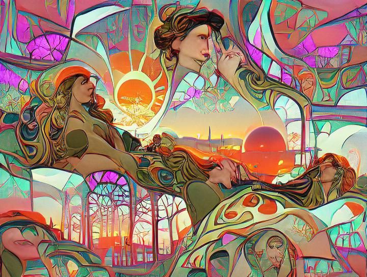 Detailed Beautiful Psychedelic Sunset In A Retrofuturistic Hippie Art Nouveau Aesthetic French Poster Illustration In Vivid Color Trending On Artstation By Alphonse Mucha Ai Generated Artwork Nightcafe Creator