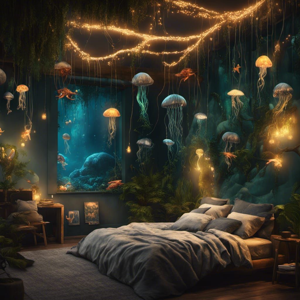 An Ocean And Jungle Themed Bedroom With Fairy Lights And Jellyfish 