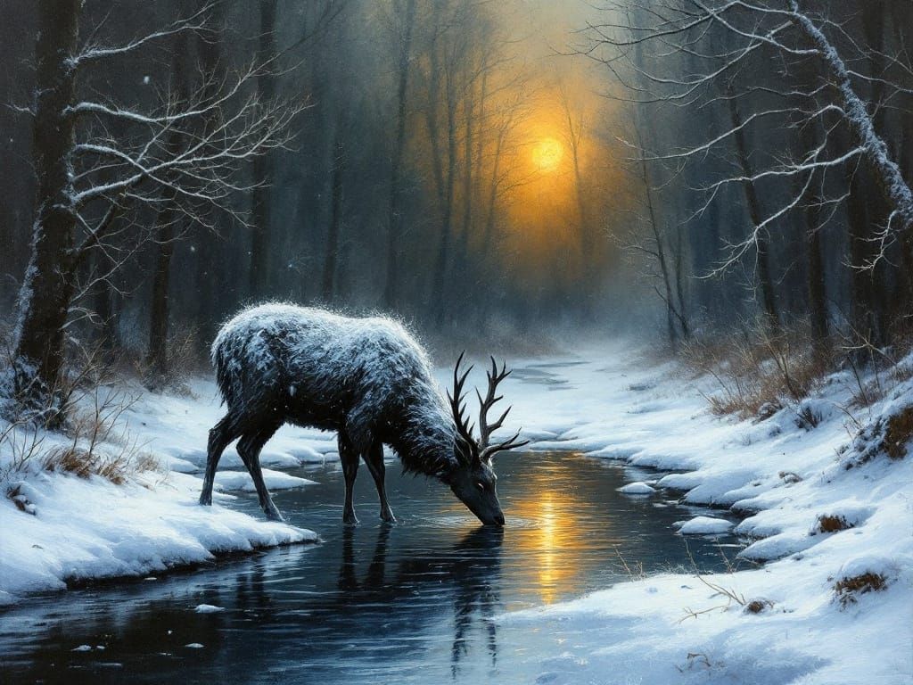 A sharp crows eye watching a doe silently drinking grom a river in a shadowy dark winter forest, covered ...  by @Summerchild