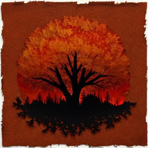 textured torn paper art. Autumn trees blended with a flame, ...
