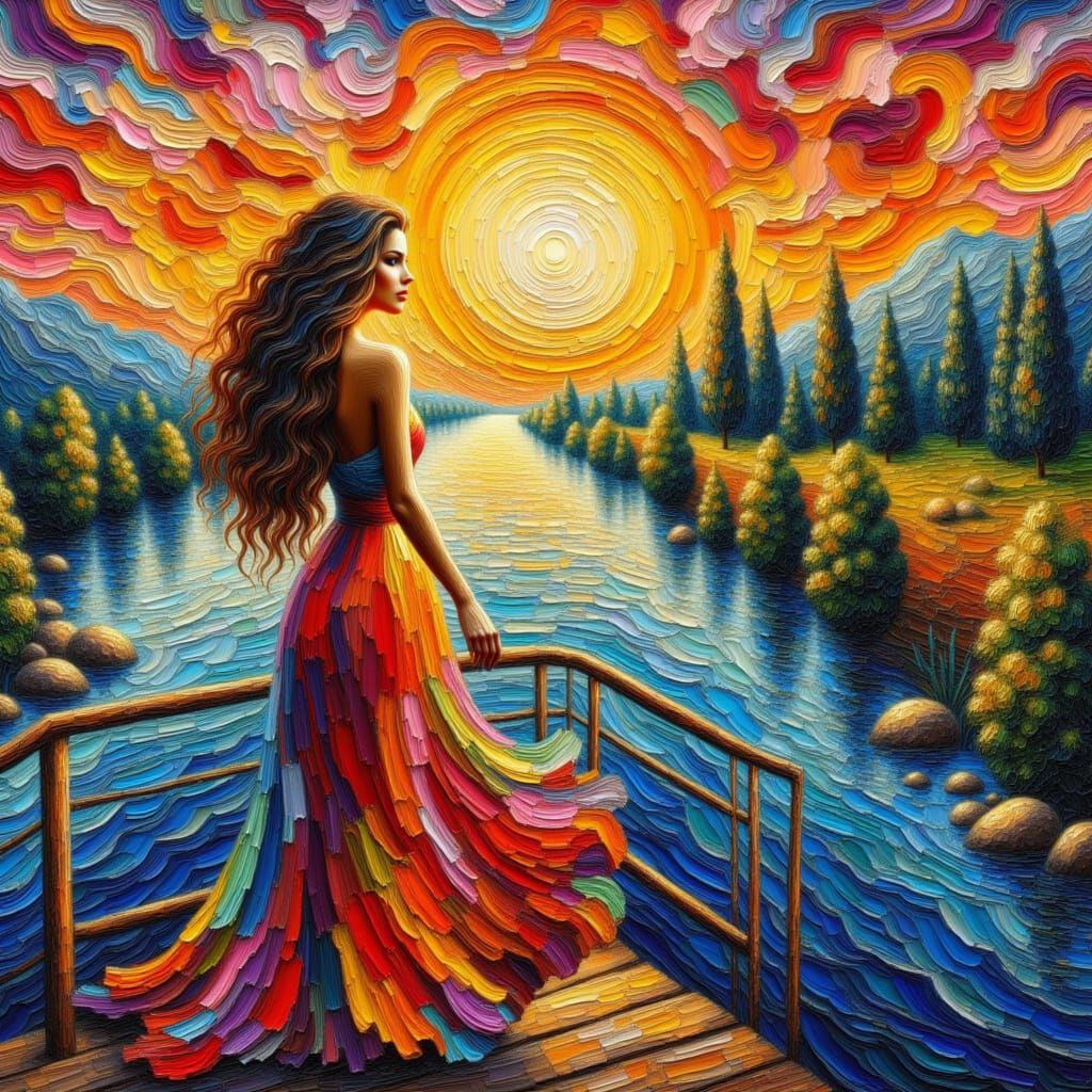 <lora:Craquelure Paint:1.0> A beautiful landscape, a beautiful sunset, a stunning woman with long, wavy hair, standing on a bridge looking o...