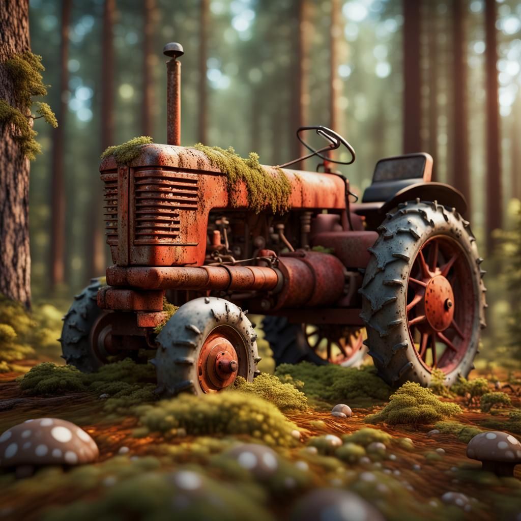 Old red farm tractor lost in forest  by @Thunderbuzz