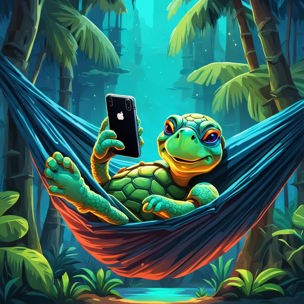neon turtle in lying in hammock  texting on phone