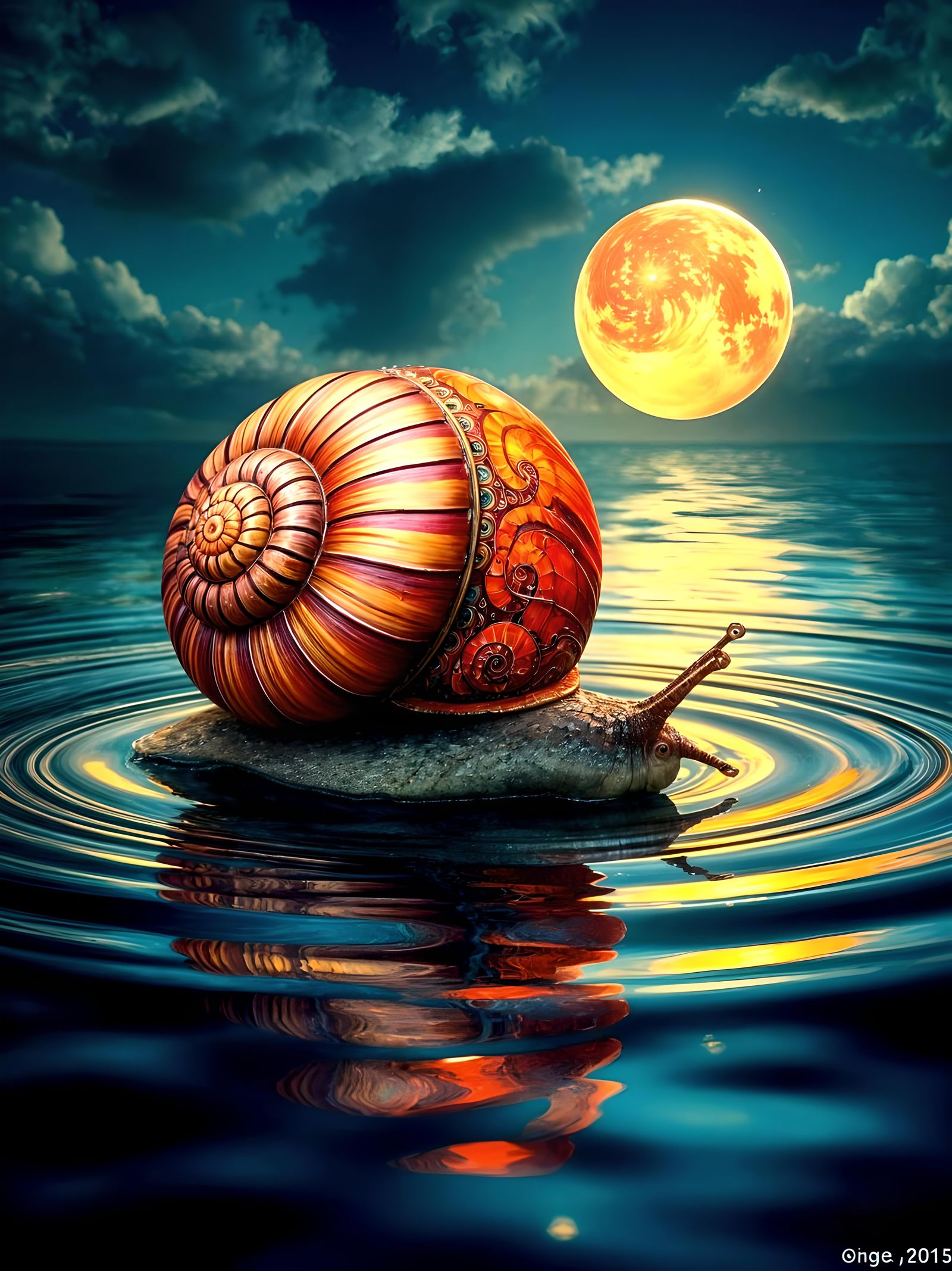 Vibrant intense maximum intricate detailed Cuban painted Shell snail. Stunning reflection in water with ...  by @Showy