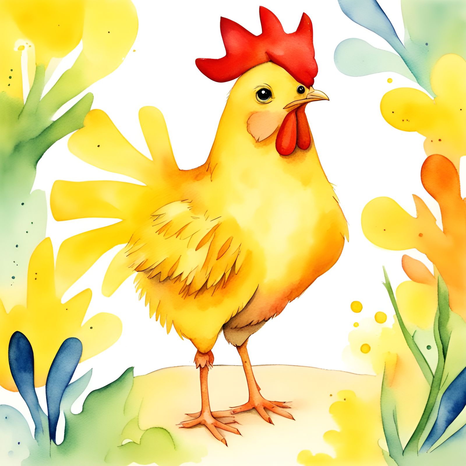 Bright colors, watercolor, yellow chicken center, illustrati...