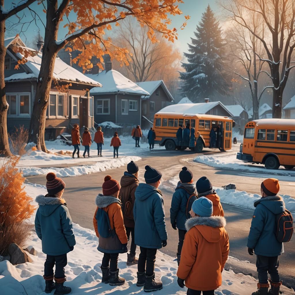 Children Wait for School Bus in Fantasy Landscape