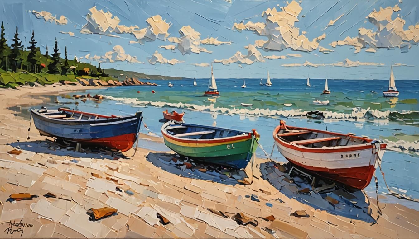 impasto painting of small boats on a calm beach
  by @BTMO