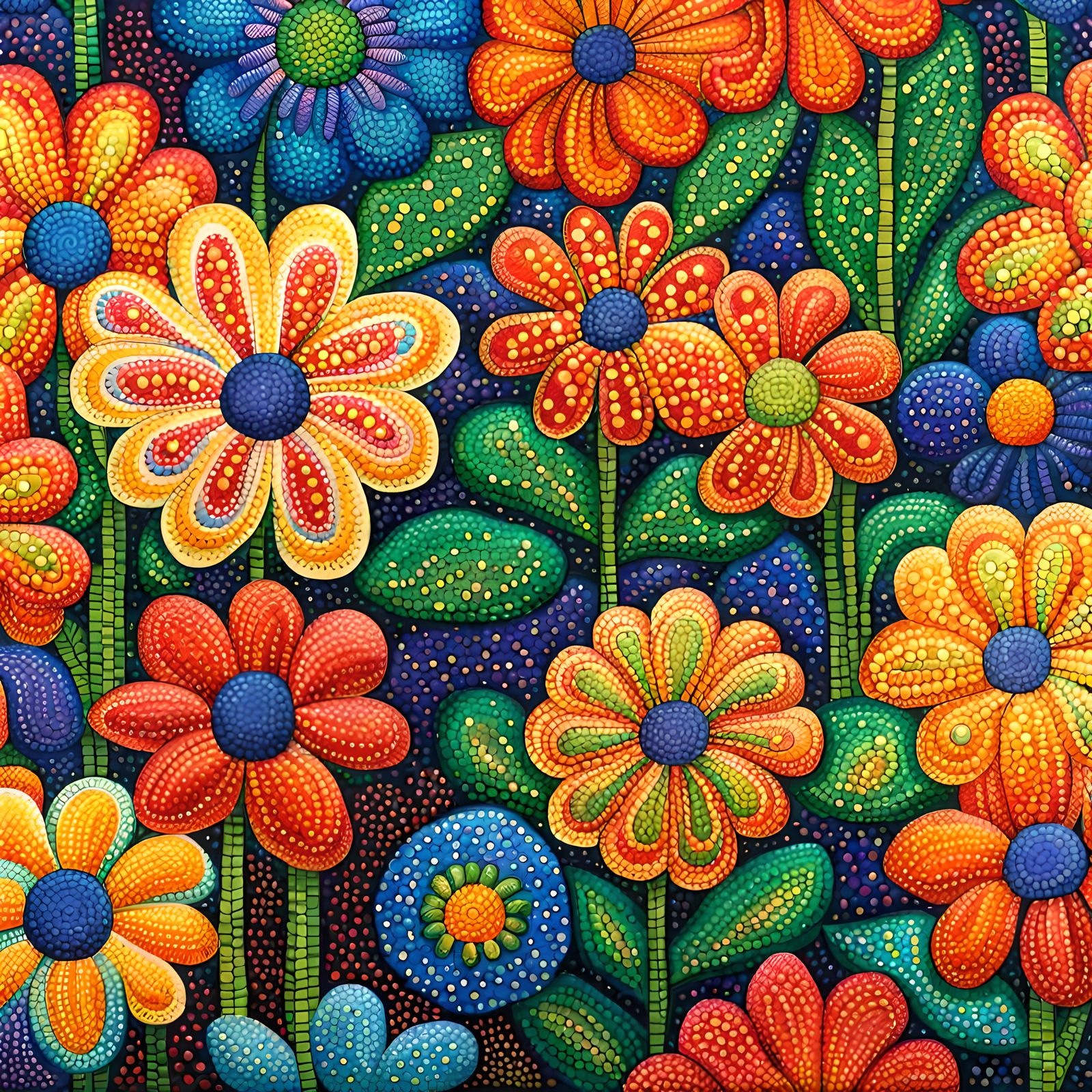 POINTILLISM FOLK ART :: colouful flowers