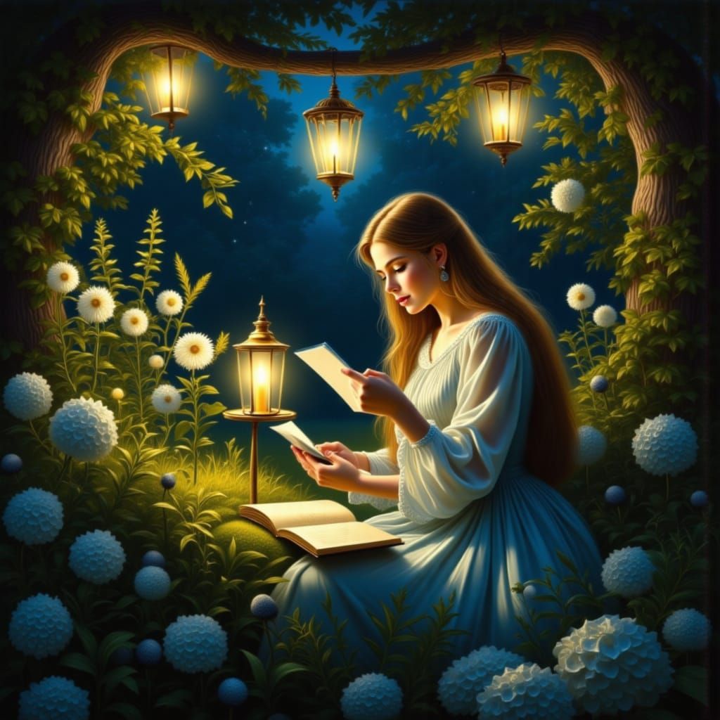 <lora:OilPaintingFlux:1.0> <lora:Illuminations flux:1.0> portrait of a beautiful girl sits in the lush flowering garden and reads a letter i...