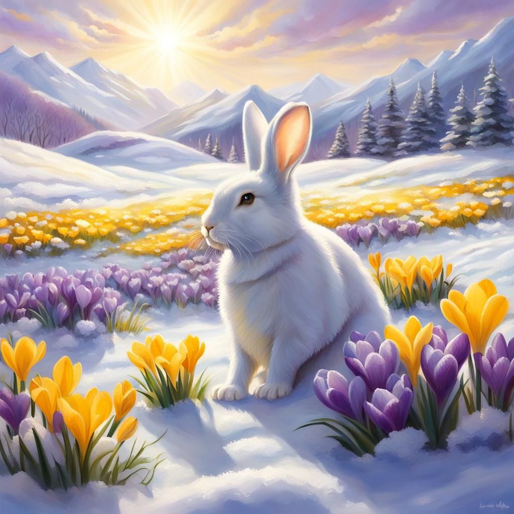 a hyper-realistic large snowfield filled with maximal yellow, white, purple, and lilac crocuses poking ...  by @Leland Lewis