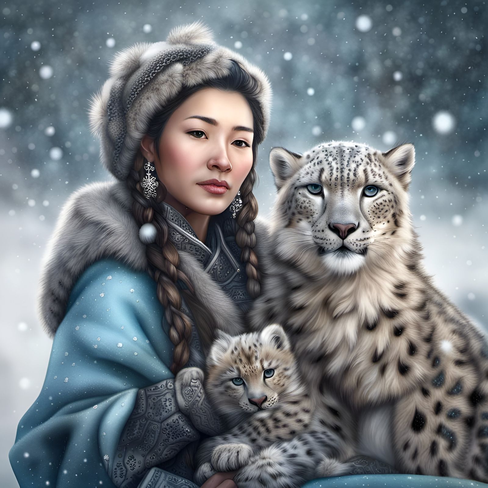 Woman with snowleopards  by @Turva