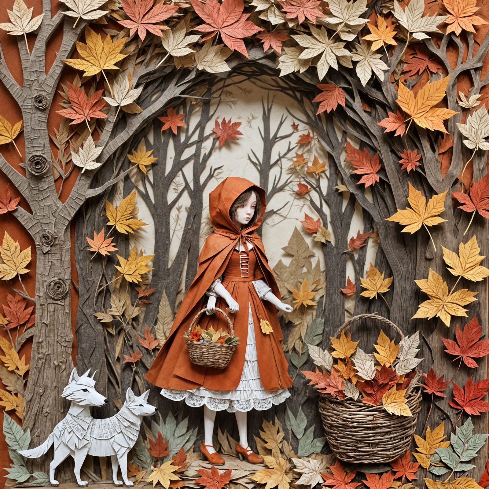 A captivating collage paper art, Little Red Riding Hood and two wolves, crafted with vibrant, colorful paper ...  by @Mindful THE KB