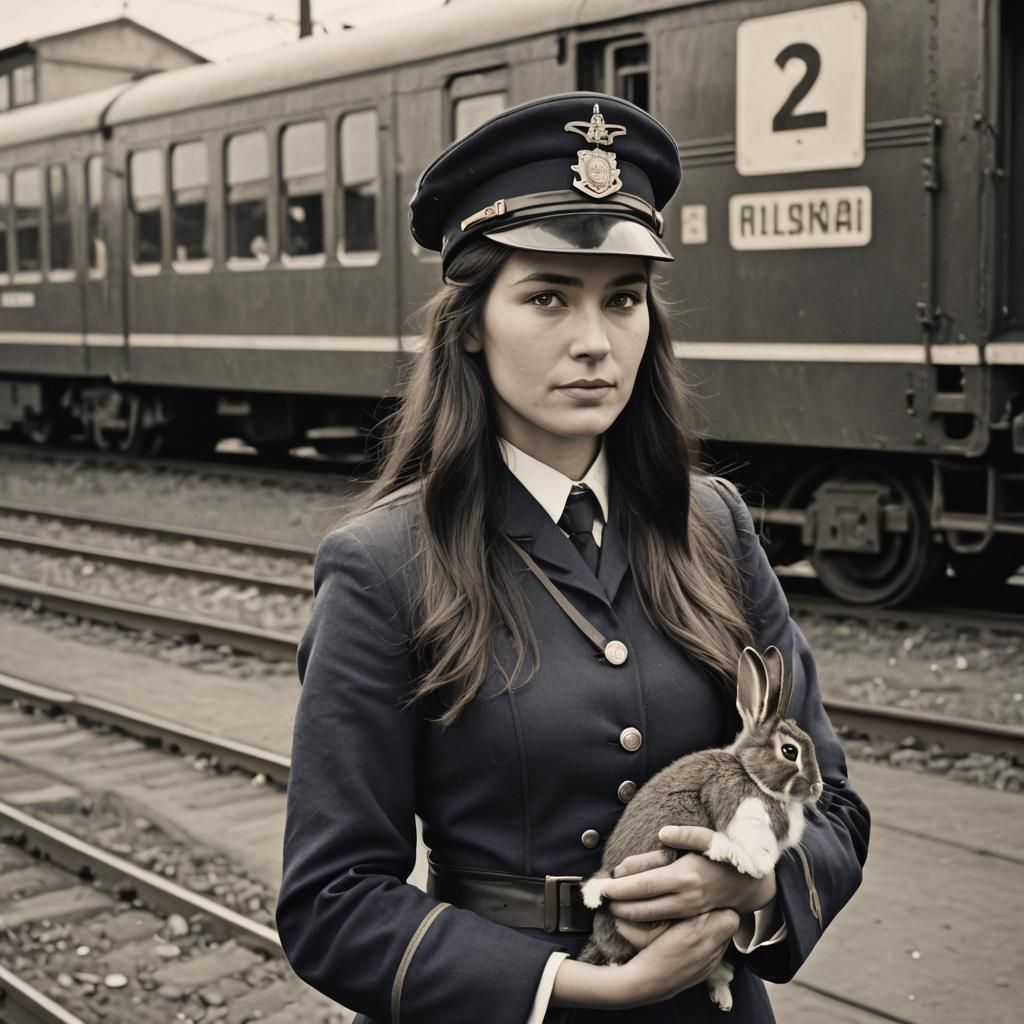 A European woman, 30 years old, with long dark hair, a train...