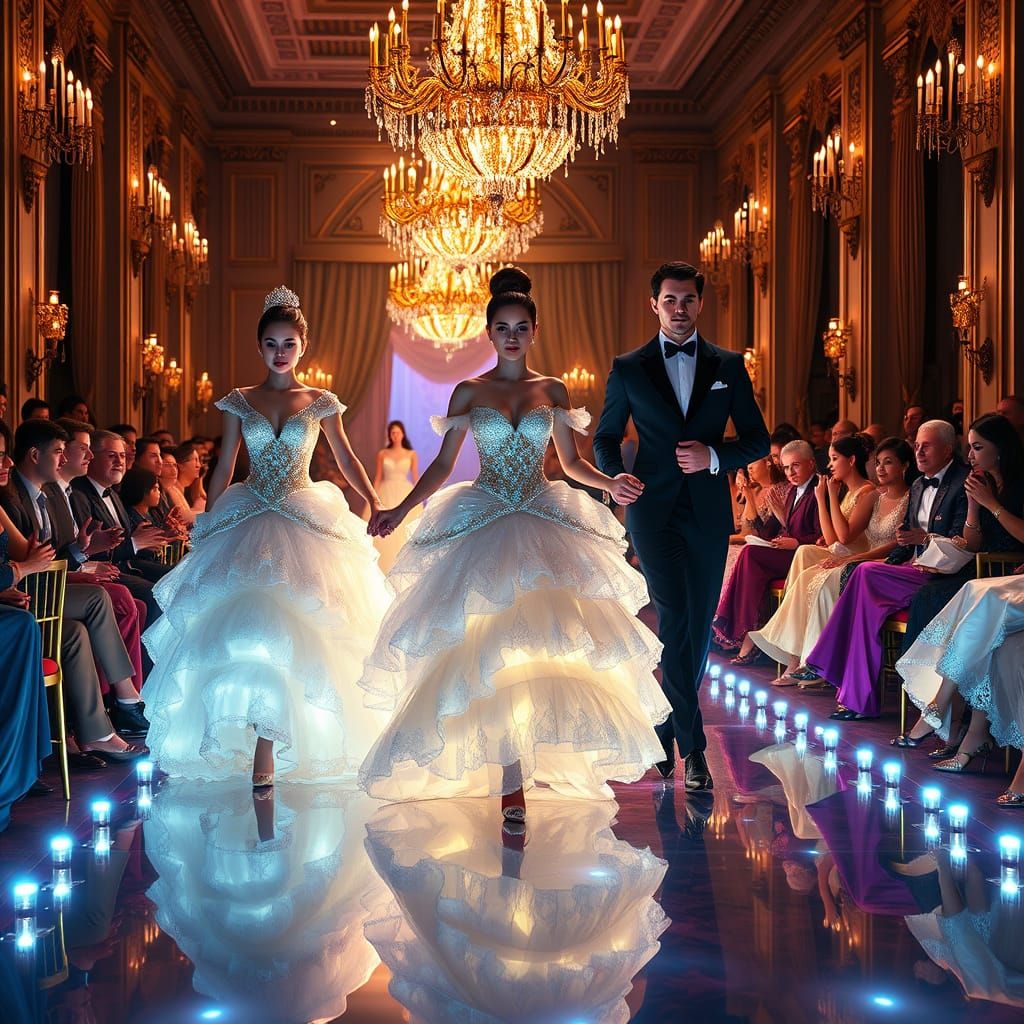 On the runway dressed in a glowing ballroom gown   by @Orphelia 